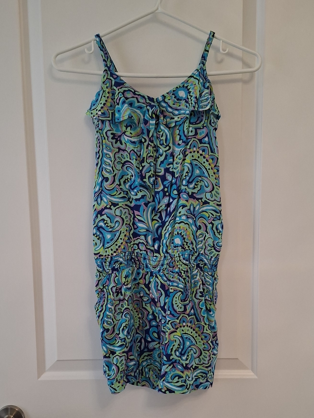 The Children's Place Blue & Green Paisley Romper with Straps (Size 12)